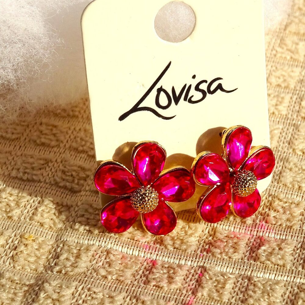 Louisa Pink and Gold Tone Flower Pierced Earrings NEW